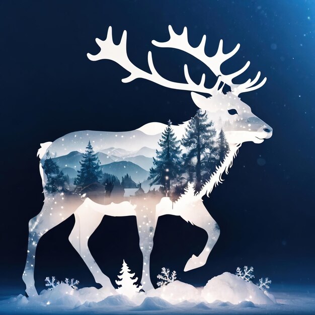 Photo double exposure of reindeer christmas winter scene