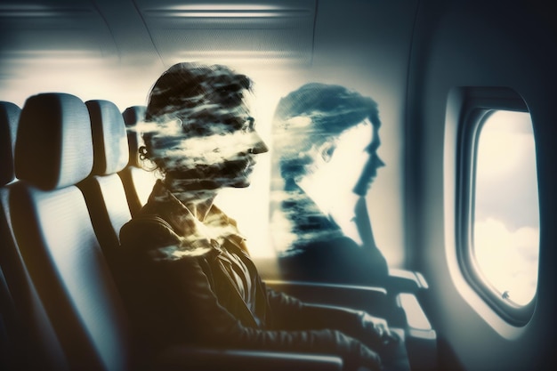 사진 여행자의 흐릿한 초상화가 있는 비행기 기내의 이중 노출 좌석