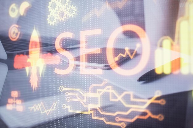 Double exposure of SEO drawing and cell phone background Concept of data search optimization
