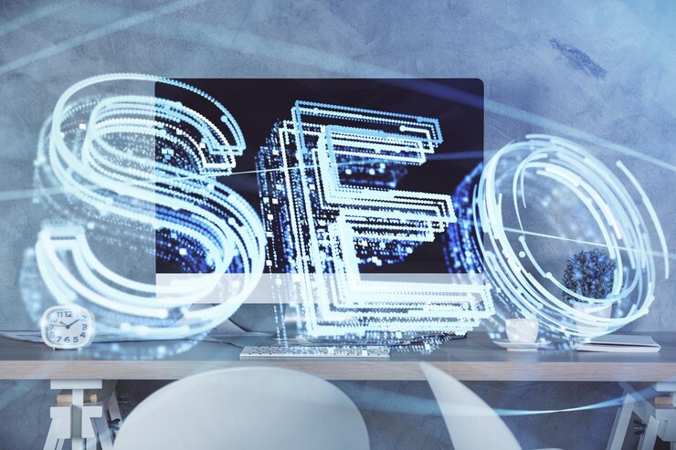 Photo double exposure of seo drawing and office interior background concept of search optimization engine