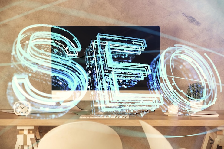 Photo double exposure of seo drawing and office interior background concept of search optimization engine