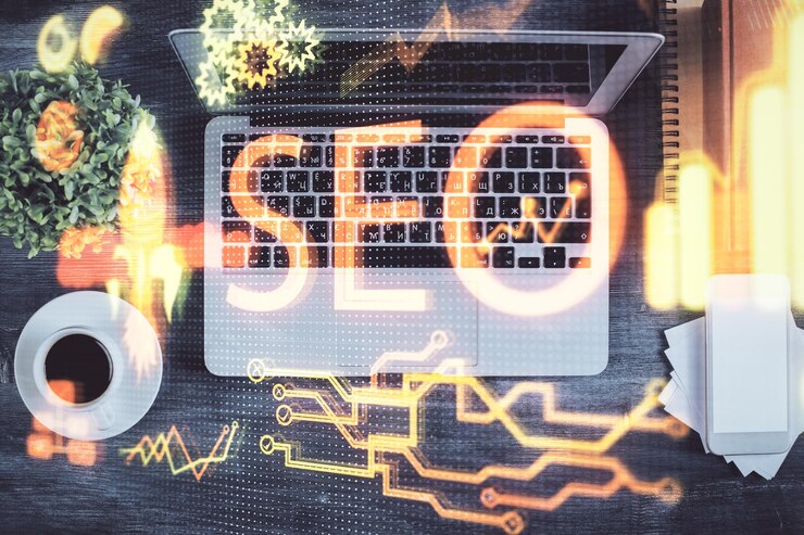 Photo double exposure of seo drawing over study table background with computer concept of search top view