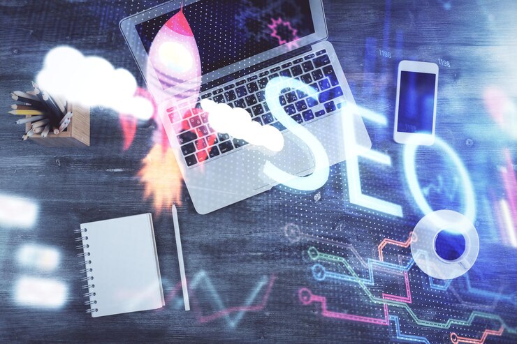 Photo double exposure of seo drawing over study table background with computer concept of search top view