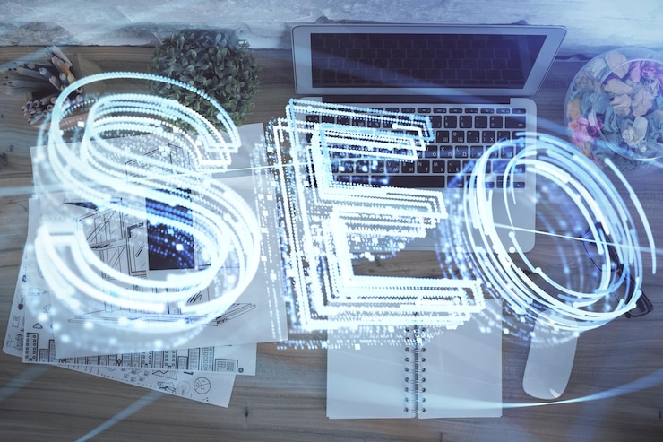 Photo double exposure of seo drawing over study table background with computer concept of search top view