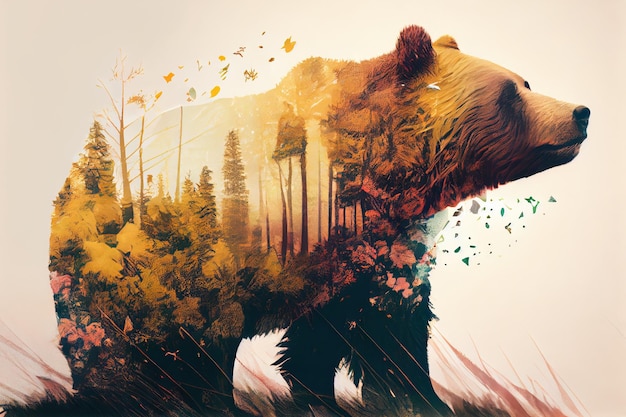 Double exposure shot of a Bear and a forest