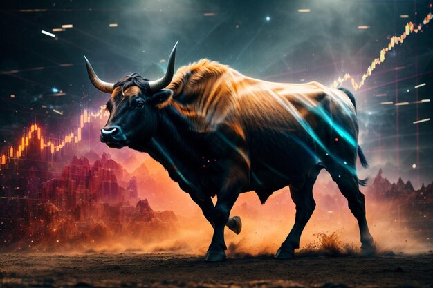 Photo double exposure of a silhouette bull run and uptrend chart the bull market is rising