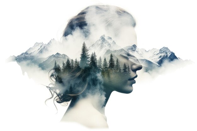 Double exposure silhouette head portrait of girl combined with photograph of mountainsand trees Unity of human with nature concept Ecology freedom environment