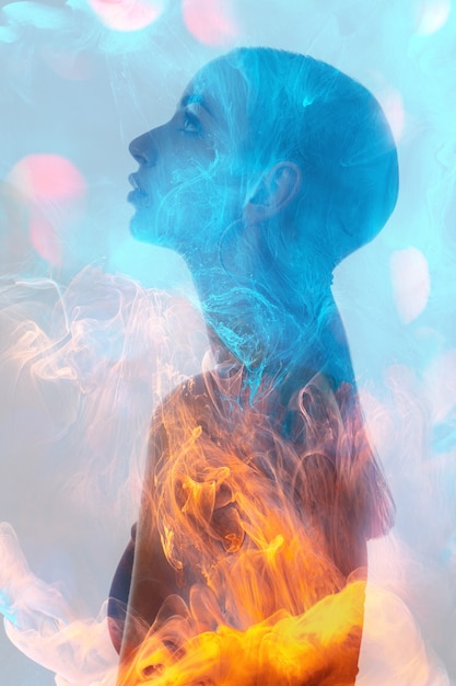 Double exposure silhouette spiritual aura of woman