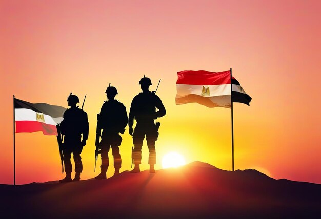 Photo double exposure of silhouettes of a soliders and the sunset or the sunrise against flag of egypt