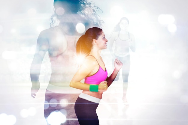 Double exposure of slim woman doing run exercises