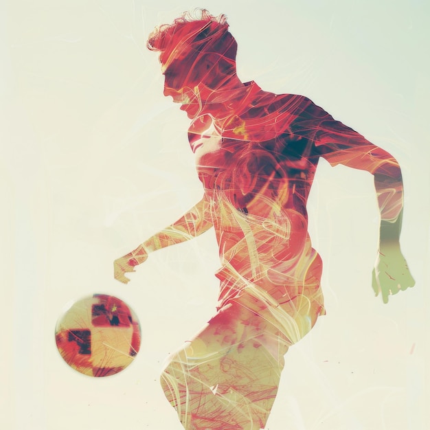 Photo double exposure of a soccer player ready to kick the soccerball at the stadium generative ai