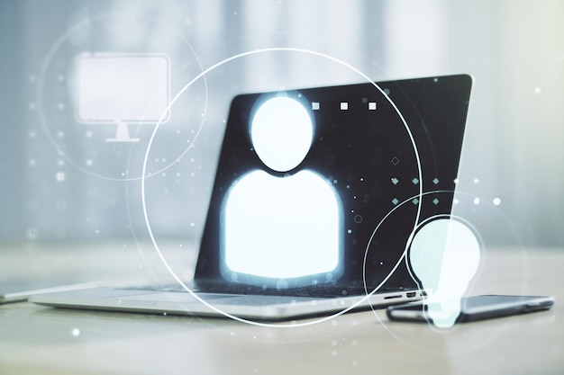 Photo double exposure of social network icons concept with modern laptop on background marketing and promotion concept