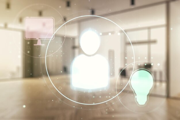 Double exposure of social network icons hologram on a modern furnished office interior background Networking concept