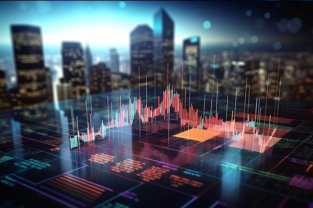 Double exposure of stock market graph and cityscape at night Business and financial concept