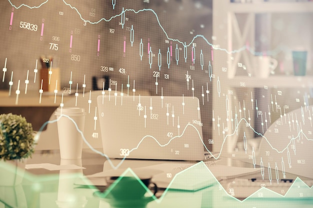 Double exposure of stock market graph drawing and office interior background Concept of financial analysis