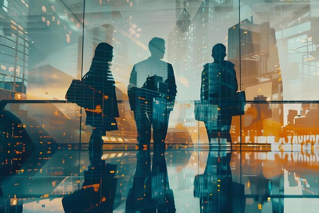 Photo double exposure of successful business people in a modern city office building standing together in agreement concept corporate leadership success teamwork modern business double exposure