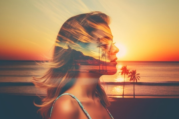 Double Exposure Summer Themed Portrait of a Woman