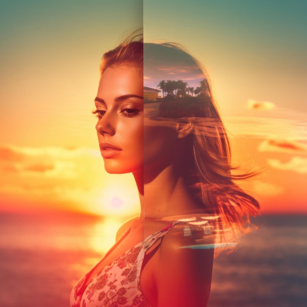 Double exposure summer themed portrait of a woman