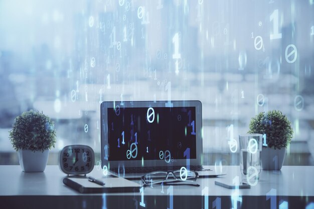 Double exposure of table with computer on background and data theme drawing Concept of innovation