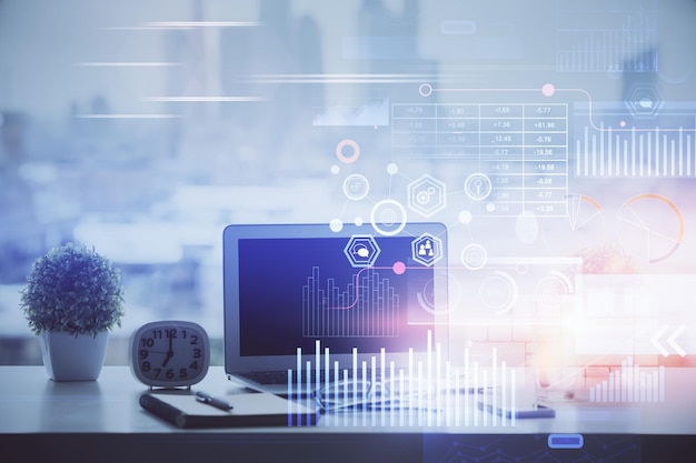 Double exposure of table with computer on background and data theme drawing Concept of innovation