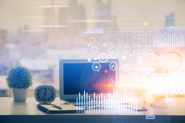 Double exposure of table with computer on background and data theme drawing Concept of innovation