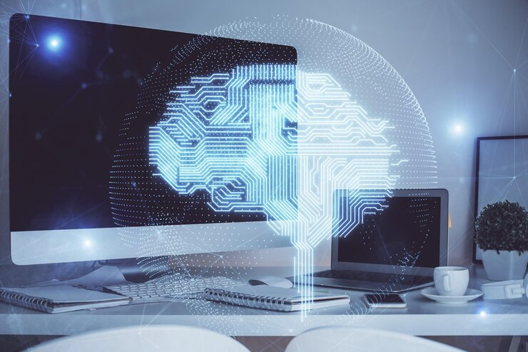 Photo double exposure of table with computer and brain hologram data innovation concept