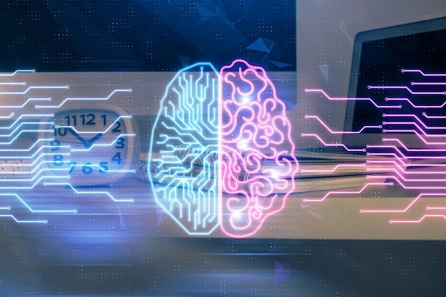 double exposure of table with computer and brain hologram data innovation concept
