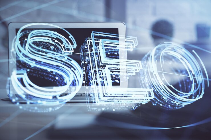 Double exposure of table with computer and seo drawing hologram Search optimization concept