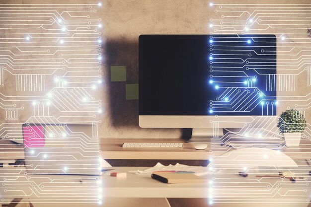 double exposure of tech theme drawings and office interior background technology concept