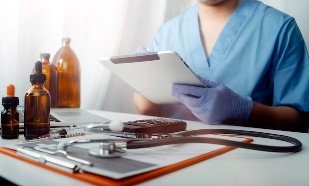 디지털 태블릿과 현대적인 가상 화면 인터페이스 아이콘을 사용하는 기술 의료 및 의학 개념 의사의 이중 노출 파노라마 배너 흐릿한 배경