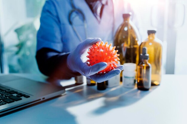 Double exposure of technology healthcare And Medicine concept Doctors using digital tablet and modern virtual screen interface icons panoramic banner blurred background