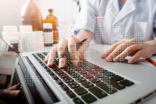Double exposure of technology healthcare And Medicine concept Doctors using digital tablet and modern virtual screen interface icons panoramic banner blurred background