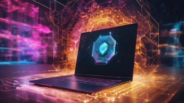 Double exposure of technology hologram with hexagon on laptop background research and development so