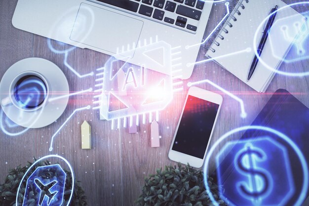 double exposure of technology theme drawing over work table desktop top view global data analysis concept