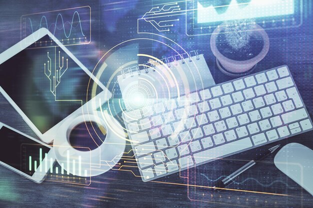 Double exposure of technology theme drawing over work table desktop Top view Global data analysis concept