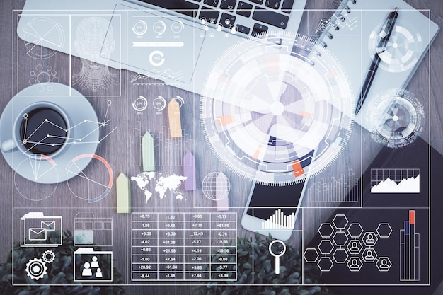 Double exposure of technology theme drawing over work table desktop Top view Global data analysis concept