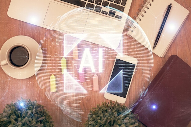 Double exposure of technology theme drawing over work table desktop Top view Global data analysis concept