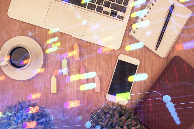Double exposure of technology theme drawing over work table desktop Top view Global data analysis concept