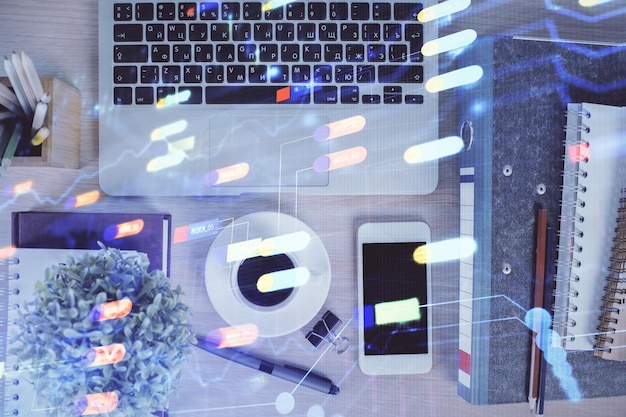 double exposure of technology theme drawing over work table desktop top view global data analysis concept