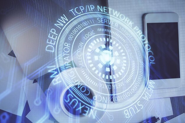 Double exposure of technology theme drawing over work table desktop Top view Global data analysis concept