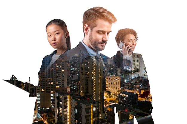 Double exposure of three young successful business people man and woman standing in front of Asian city Bangkok background Concept of hard work and study Modern life way Night time