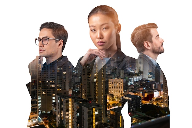 Double exposure of three young successful business people man and woman standing in front of Asian city Bangkok background Concept of hard work and study Modern life way Night time