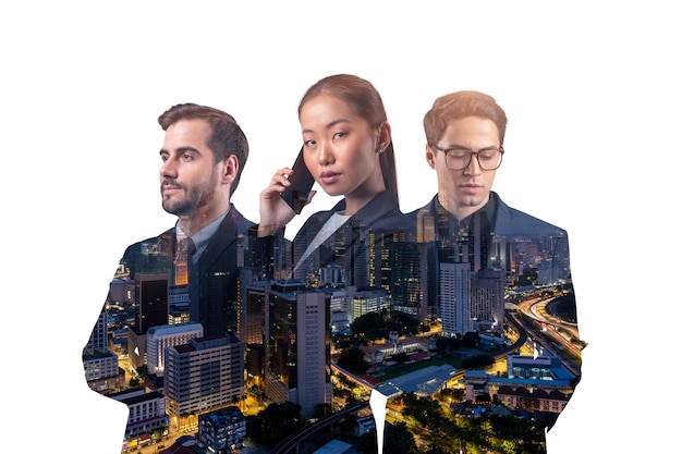 Double exposure of three young successful business people man and woman standing in front of Asian city Kuala Lumpur background Concept of hard work and study Modern life way Night time