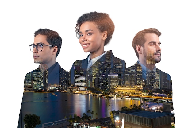 Double exposure of three young successful business people man\
and woman standing in front of asian city singapore background\
concept of hard work and study modern life way night time