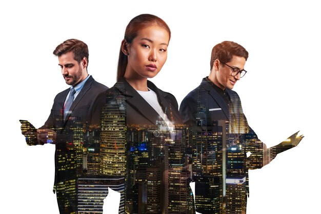 Double exposure of three young successful business people man\
and woman standing in front of asian city singapore background\
concept of hard work and study modern life way night time