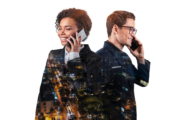 Double exposure of two young successful business people man and woman standing in front of Asian city Bangkok background Concept of teamwork Night time