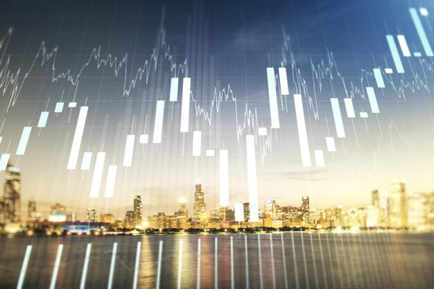 Double exposure of virtual creative financial diagram on Chicago office buildings background banking and accounting concept