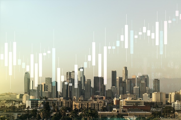 Double exposure of virtual creative financial diagram on Los Angeles office buildings background banking and accounting concept