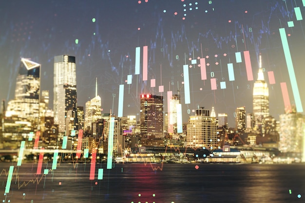 Двойная экспозиция виртуальной творческой финансовой диаграммы на фоне офисных зданий в Нью-Йорке, концепция банковского дела и бухгалтерского учета