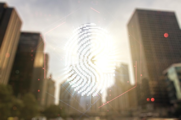Double exposure of virtual creative fingerprint hologram on\
blurry cityscape background protection of personal information\
concept